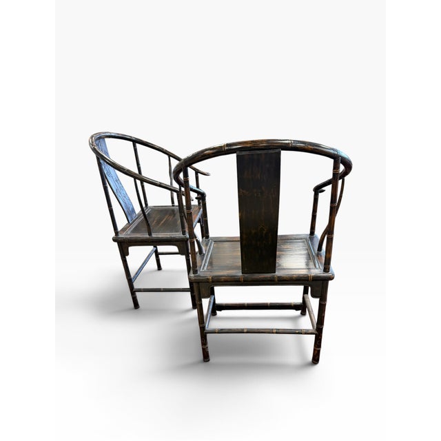 Wood Pair of Antique Chinese Ming Style Horseshoe Chinoiserie Arm Chairs For Sale - Image 7 of 7