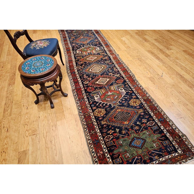 Vintage Persian Heriz Serapi Runner Rug, Hand-Knotted Wool, Geometric Medallion Pattern, Navy, 3x12 For Sale In Chicago - Image 6 of 16