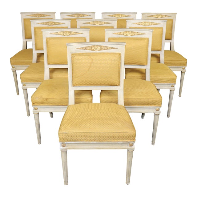 1950's Set 10 Louis XVI French Empire Style Painted Parcel Gilt Dining Chairs For Sale