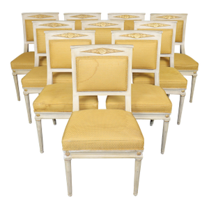 1950's Set 10 Louis XVI French Empire Style Painted Parcel Gilt Dining Chairs