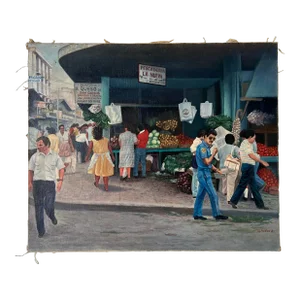 1980's Napoleon Havana Street Market Scene Oil Painting