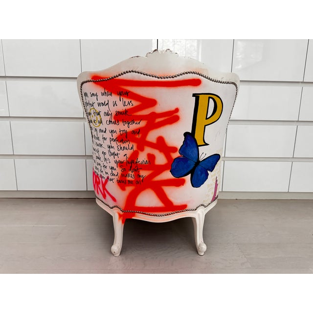 Pair of Bespoke Jimmie Martin Hand-Painted White Leather Graffiti Armchairs For Sale - Image 12 of 18