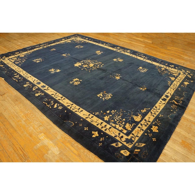 1900s Floral Deco Blue Navy Antique Chinese Peking Room Size Knotted Wool Rug For Sale - Image 4 of 11