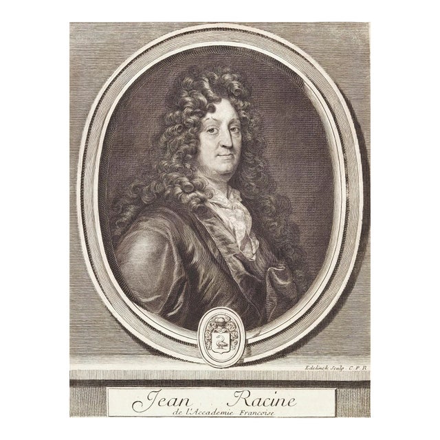 Jean Racine Portrait: 17th C. Engraving by Edelinck in Perrault's Les Hommes, 1696 For Sale