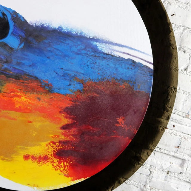 Abstract Round Acrylic Canvas Painting Mounted on Smoke Plexiglass by Ted R. Lownik For Sale - Image 12 of 13