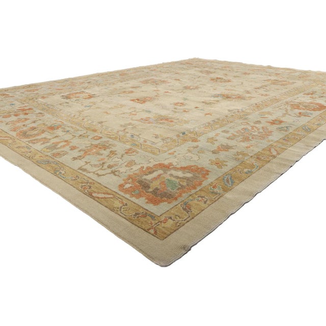52734 Vintage Modern Turkish Oushak Rug, 11'10 x 15'06. Steeped in the grand tradition of Turkish weaving, this hand-...