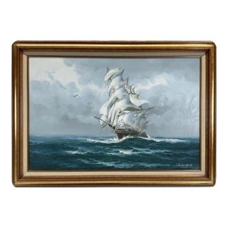 1970’s Large Signed and Framed Tall Ship Painting, Oil on Canvas, 42” X 30” For Sale