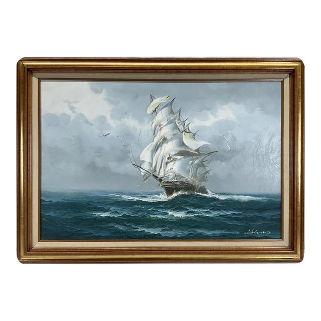 1970’s Large Signed and Framed Tall Ship Painting, Oil on Canvas, 42” X 30” For Sale