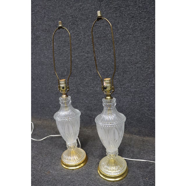 Late 20th Century Cut to Clear Crystal Table Lamps With Brass Bases - a Pair For Sale - Image 4 of 11