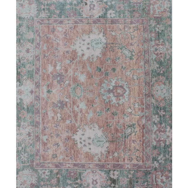 Square Oushak Design Rug in Light Green, Pink and Coral With All-Over Design For Sale - Image 4 of 11