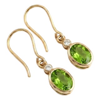 Natural Peridot Dangle Earrings • Oval Bezel Cut Green Gemstone Dainty Drop Earrings - A Pair For Sale