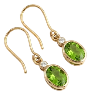 Natural Peridot Dangle Earrings • Oval Bezel Cut Green Gemstone Dainty Drop Earrings - A Pair