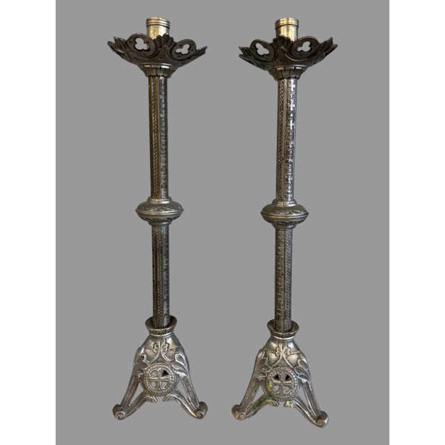 Gothic Pair of Antique Gothic Silver Plate 21" Alter Candlesticks For Sale - Image 3 of 10