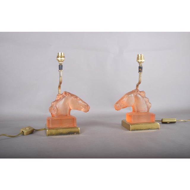 Gold Satin Glass Horse Table Lamps by Le Dauphin, France, 1970s, Set of 2 For Sale - Image 8 of 18