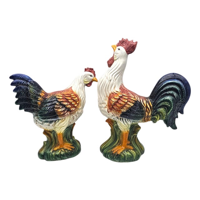 Italian Ceramic Rooster & Hen Pair 20" | Hand-Painted Signed Italy For Sale