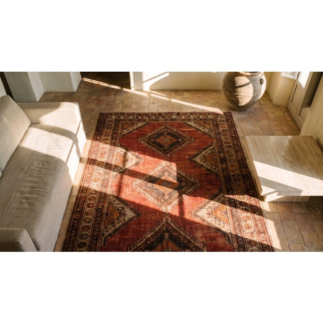 Red Eminent Red and Brown Color With Magnificent Diamond Design Antique Khotan Rug For Sale - Image 8 of 10