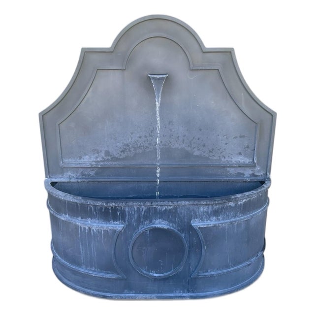 Vintage-Style Zinc-Finished Wall Fountain With Scalloped Backboard For Sale