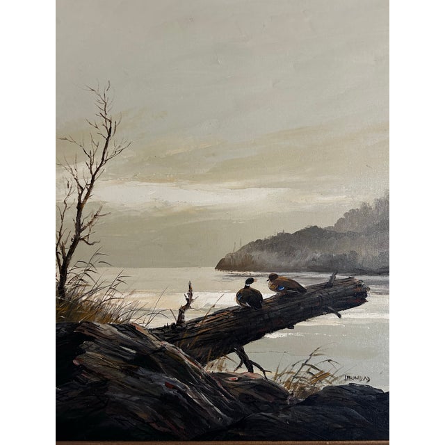 Vintage 1970’s Landscape Oil on Canvas Painting of Ducks on Lake Signed Trinidad For Sale In Philadelphia - Image 6 of 7