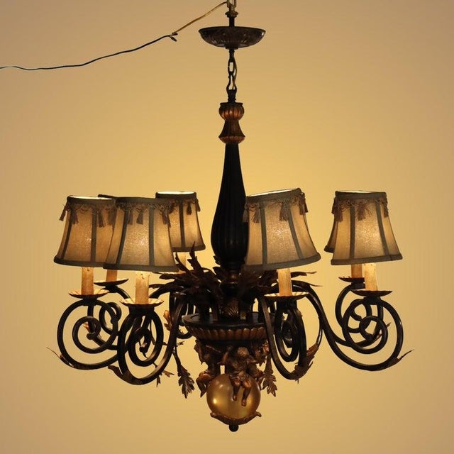 Vintage French Louis XIV Style Figural Cherub Gilt & Ebonized Chandelier C1940 For Sale - Image 6 of 18