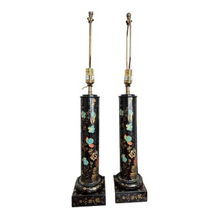 Pair of Vintage Vaughn Chinoiserie Metal Cylinder Table Lamps Painted Floral For Sale