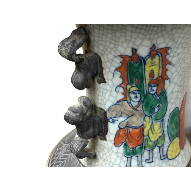 Ceramic Orient Crackle Gray Warrior Graphic Artistic Pottery Ceramic Vase For Sale - Image 7 of 14