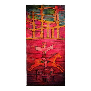Vintage Mid-Century Tapestry, Handwoven Wool, Folkloric Rider Design, 40" X 86" For Sale