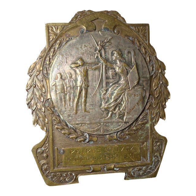High Quality Antique 1931 Dutch Silver Plated Bronze Archery Trophy Award Medal For Sale