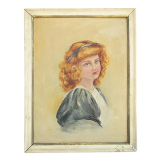 1930s Girl in Blue Dress Oil Painting For Sale