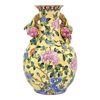 Vintage Chelsea House Style Chinese Porcelain Ceramic Vase With Hand Painting Blue Birds Flowers With 3d Pomegranates and a Rose For Sale