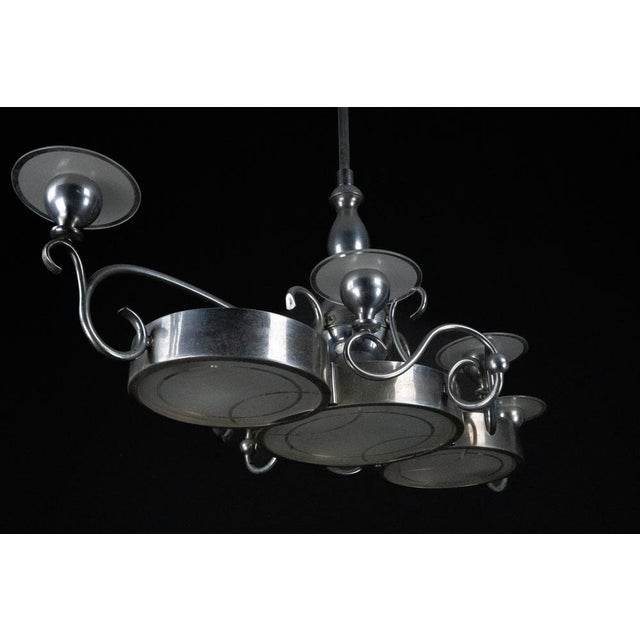 Art Deco Italian Chandelier in Nickel Brass and Frosted Glass, 1930s For Sale - Image 6 of 14