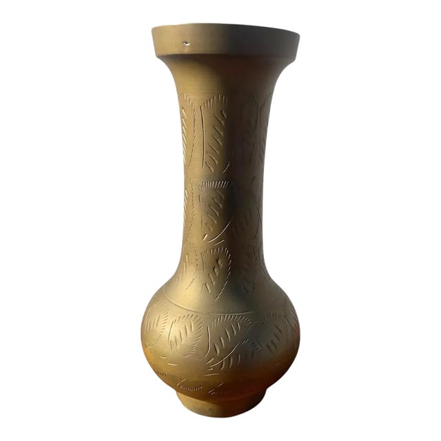 Mid-Century Brass Bud Vase Sarna Bros India Etched Ornate Floral Design For Sale