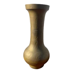 Mid-Century Brass Bud Vase Sarna Bros India Etched Ornate Floral Design