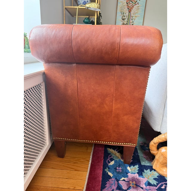 Late 20th Century Traditional Tufted Chesterfield "Austin Brown" Leather Rolled-Arm Bench For Sale - Image 9 of 9
