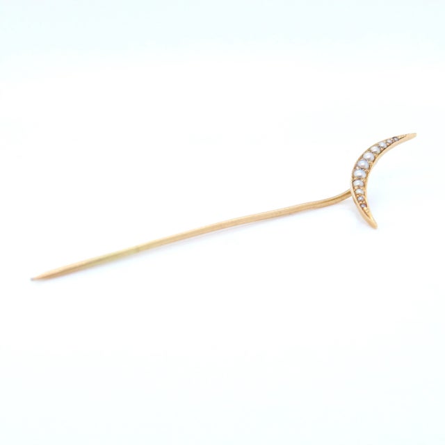 Vintage Antique 14k Gold & Seed Pearl Crescent Moon Stick Pin For Sale - Image 4 of 8