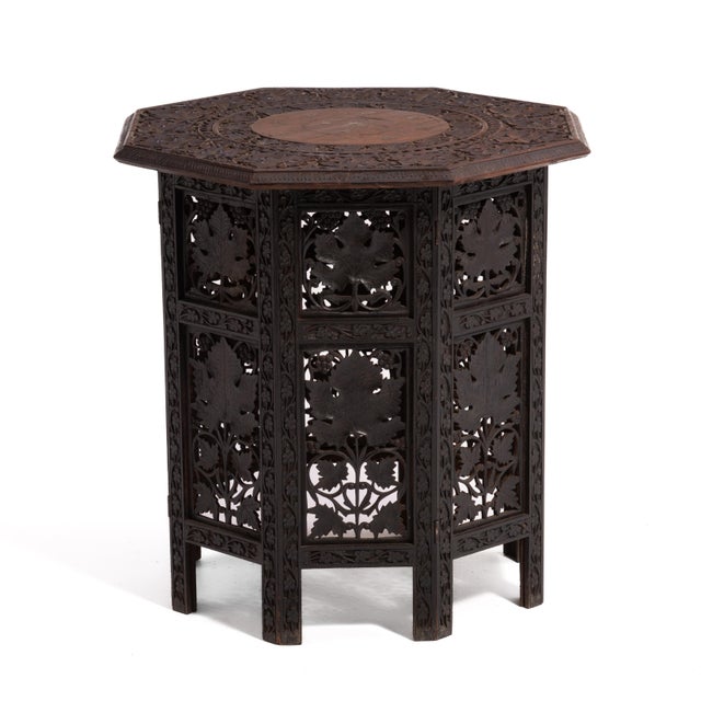 Brown Anglo Indian Teak Octagonal Folding Side Tea Table Hand Carved Campaign Original Finish 1900 For Sale - Image 8 of 18