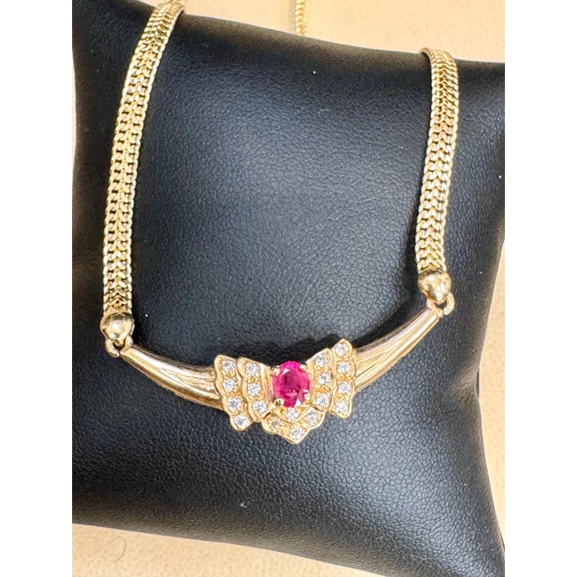 Metal Natural Oval Ruby & Diamond Pendant Necklace 14k Yellow Gold, 15 Inch Long For Sale - Image 7 of 8