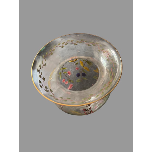 Antique Bohemian Art Glass Vase Hand Painted Enamel Floral Gold Rim 11.5” For Sale - Image 9 of 10