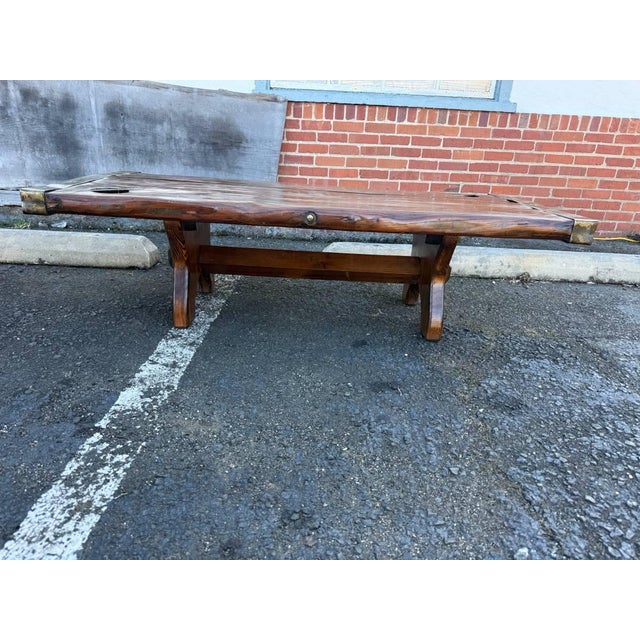 Brown Vintage Farmhouse Rustic Style Liberty Ship Hatch Cover Trestle Base Coffee Table For Sale - Image 8 of 15