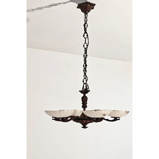 1950s Art Deco Bronze Chandelier with Six Alabaster Lampshades, Made in Italy in the 1950s/1960s. For Sale - Image 5 of 18