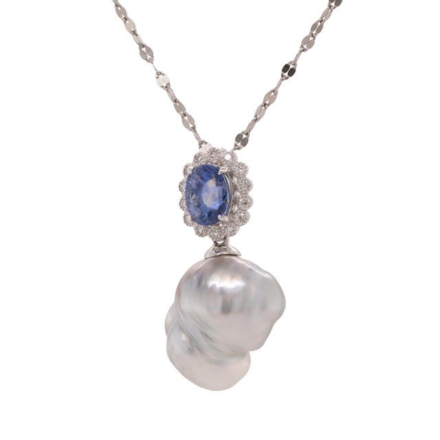 Oval Sapphire, Diamond and South Sea Pearl Platinum Pendant Necklace - Fei Liu For Sale - Image 4 of 8