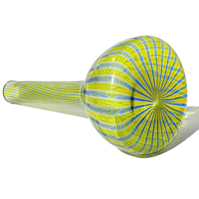 Mid 20th Century Fratelli Toso Murano Vintage Yellow Blue a Canne Ribbons Pattern Italian Art Glass Bottle Flower Vase For Sale - Image 5 of 7