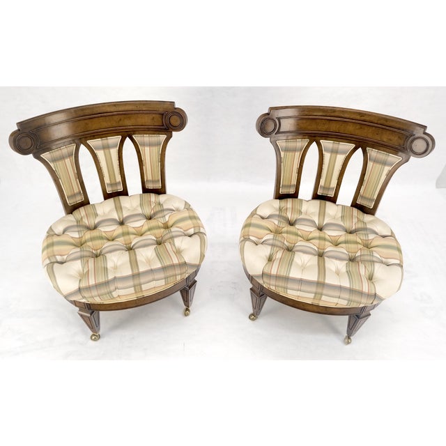 Pair of Tufted Seats Burl Wood Back Oval Seats Slipper Chairs on Caters MINT For Sale - Image 9 of 14