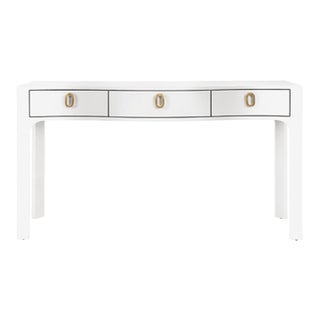 Matthew Izzo Home Sabrina Textured White Linen Curved Front, Three Drawer Console Table With Glass Top and Satin Brass Ring Hardware For Sale