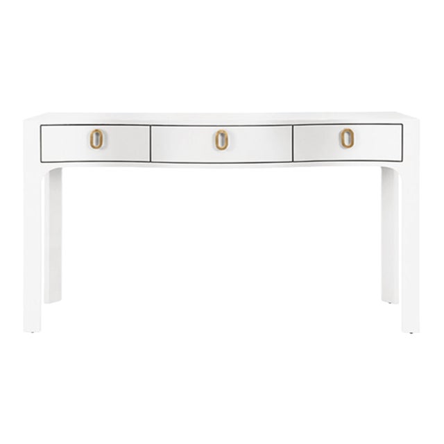Matthew Izzo Home Sabrina Textured White Linen Curved Front, Three Drawer Console Table With Glass Top and Satin Brass Ring Hardware For Sale