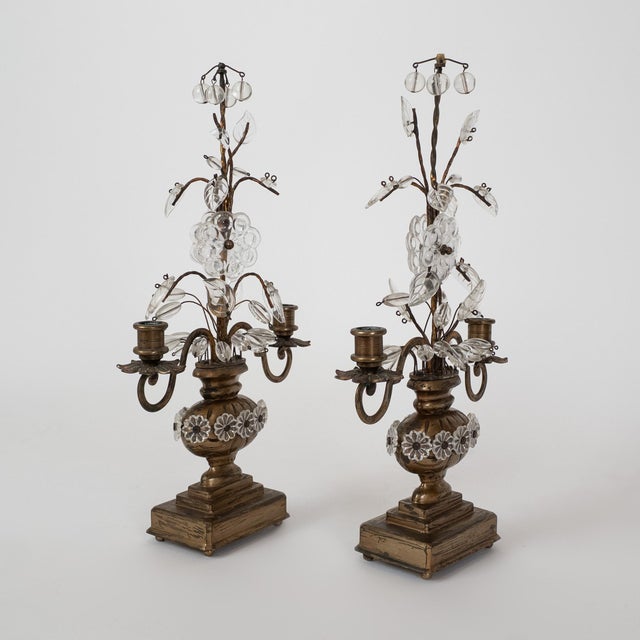 Pair of French Style Brass and Crystal Girandole Candelabras For Sale - Image 4 of 15