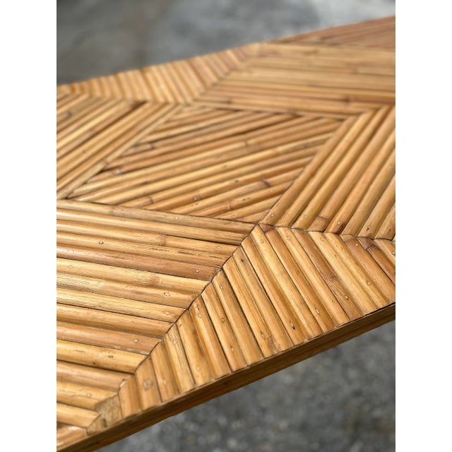 Boho Chic Modern Spilt Reed Console Table With Geometric Motif For Sale - Image 4 of 13