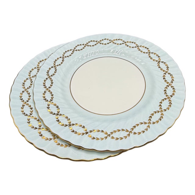 20th Century Porcelain Plates S600 Gold Laurel Leaves in Pale Blue by Minton, England, 1980s, Set of 2 For Sale