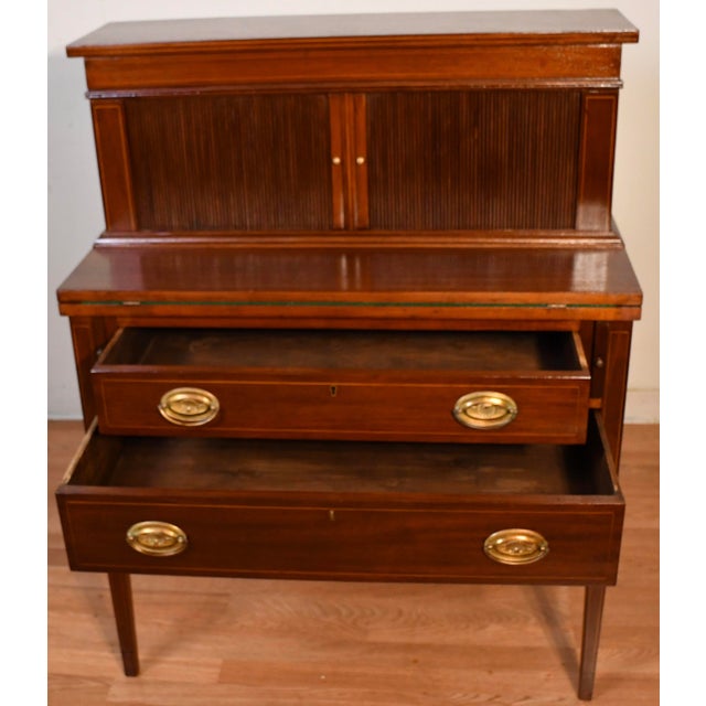 Wood 1910s Antique English Sheraton Mahogany Inlaid Writing Secretary Tambour Desk. For Sale - Image 7 of 18