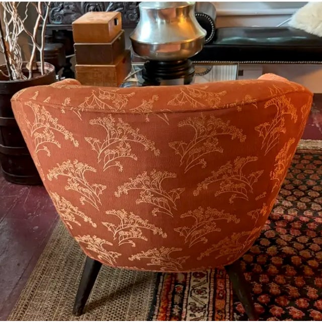 Mid Century Barrel Club Chair With Original Damask Upholstery For Sale - Image 4 of 7