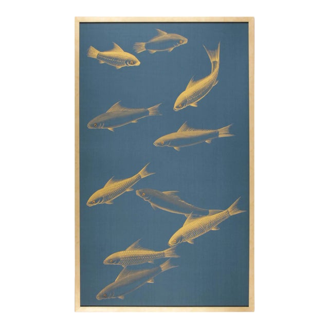 2010s Metallic Gold Fish on Deep Blue Silk Paintings Diptych, Framed For Sale - Image 5 of 7